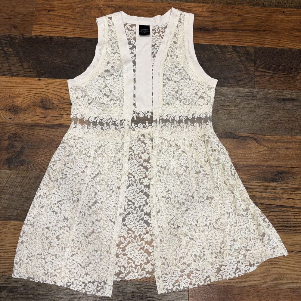 Vocal White Lace Floral Sleeveless Open-Front Duster Cardigan